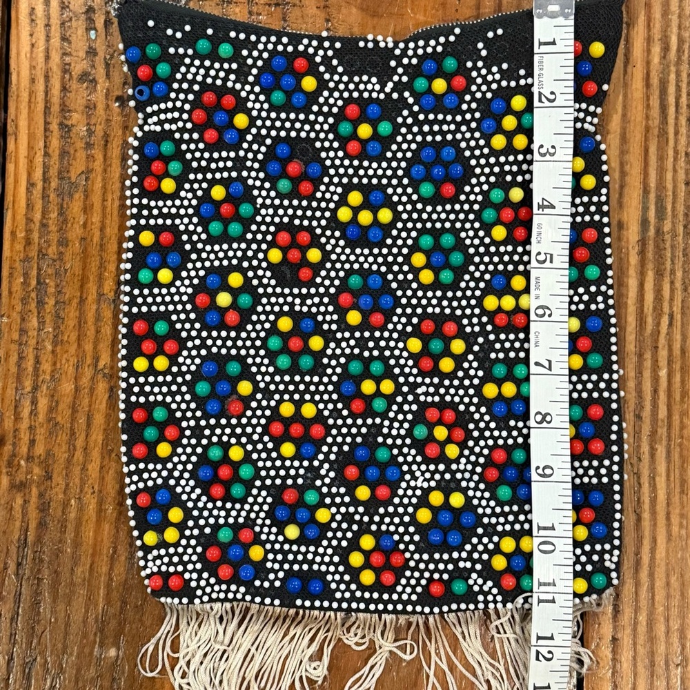 Beaded Fringe Bag Black Colorful Beads Vintage Vibes 60s 70s Boho-Inspired - Picture 7 of 9